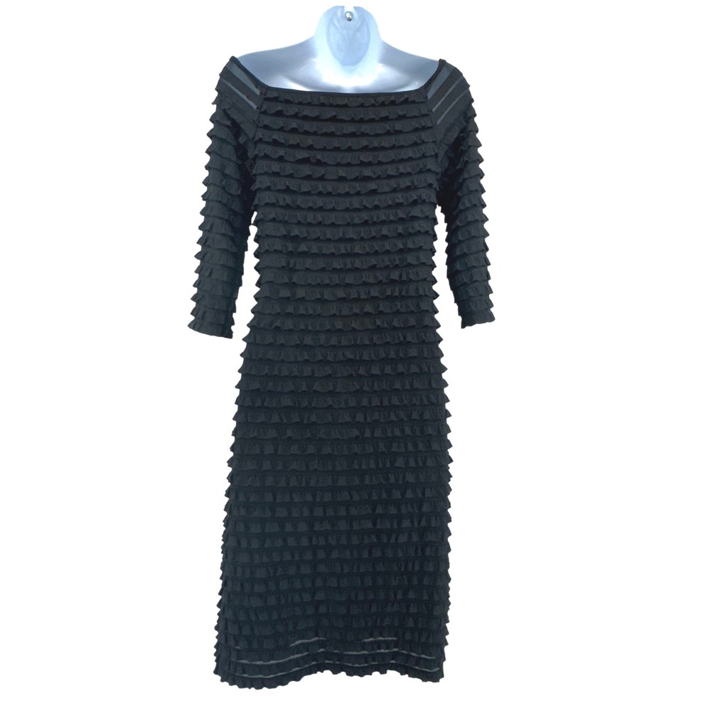 Frank Lyman Ruffled Sheath Dress 4 Black Off-the-Shoulder 3/4 Sleeve Cocktail